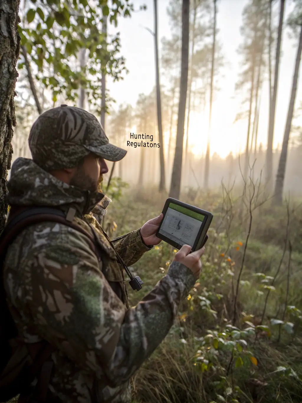 A photograph of hunters in a forest, carefully observing wildlife through binoculars, emphasizing responsible hunting practices.