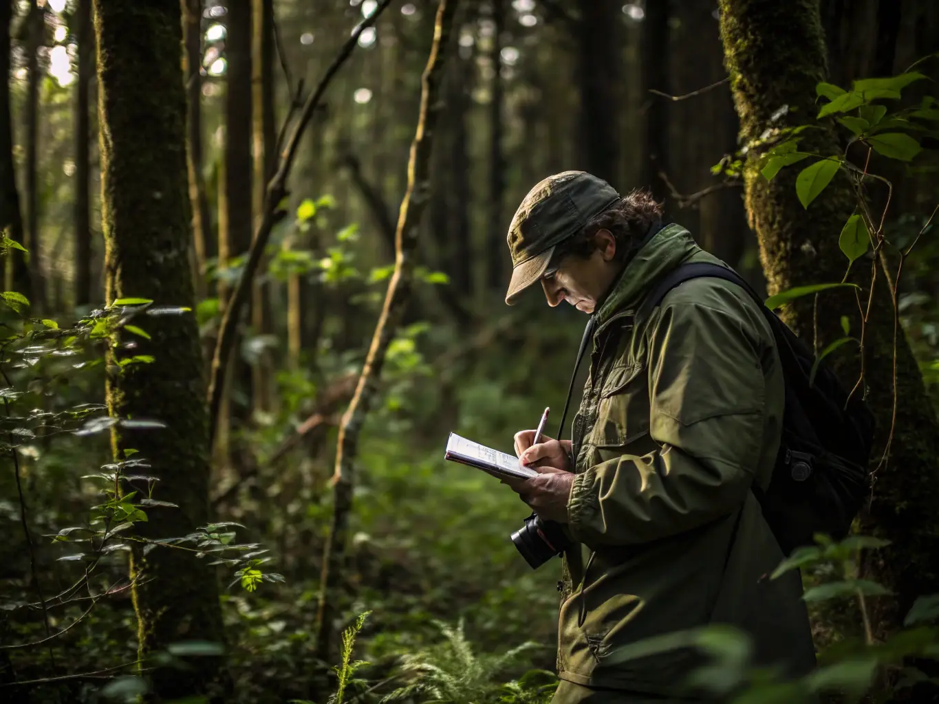 A wildlife biologist monitoring animal populations in a natural habitat. The image should highlight the scientific approach to wildlife management and conservation.