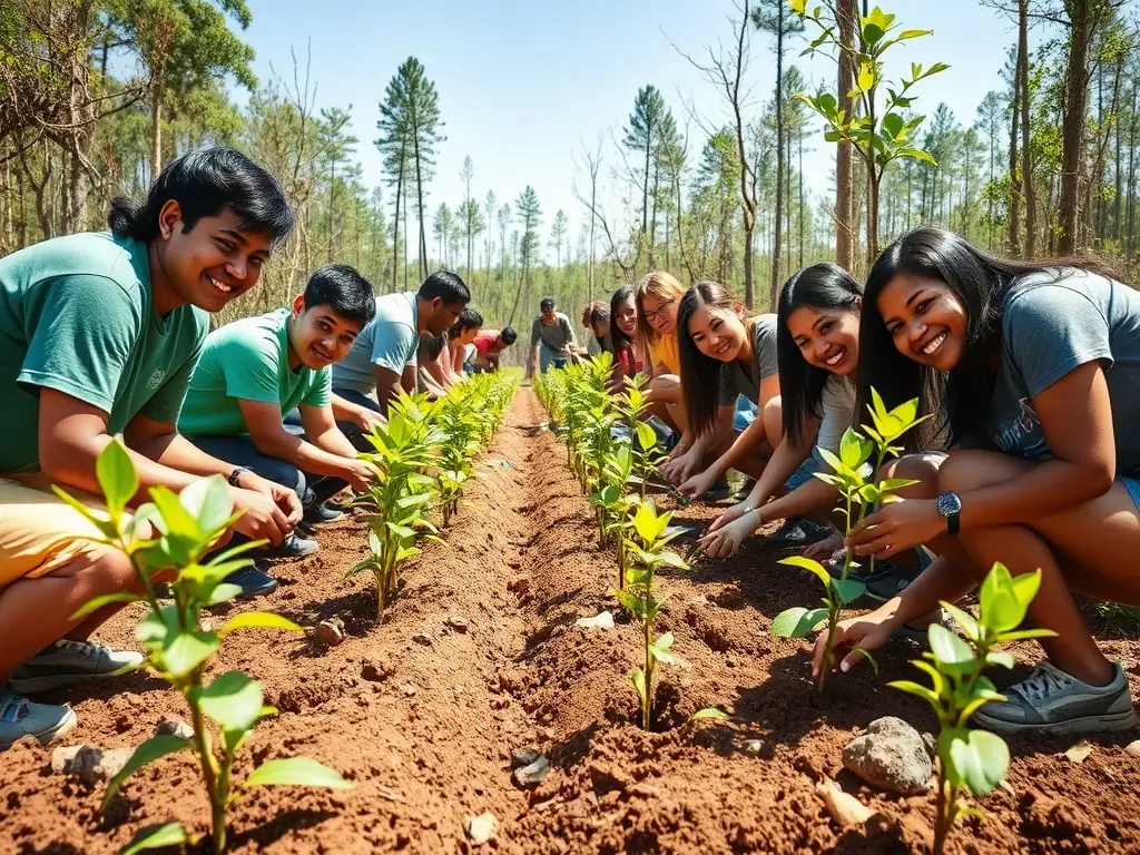 A picturesque image of a group of volunteers planting native trees and shrubs in a deforested area, as part of a habitat restoration project. The scene showcases community involvement and environmental stewardship.