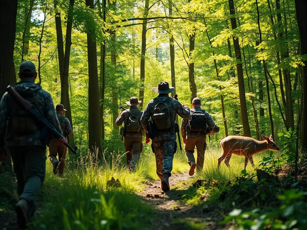 A group of hunters participating in a training session on responsible hunting practices in a forest setting. The image should convey a sense of learning and environmental awareness.