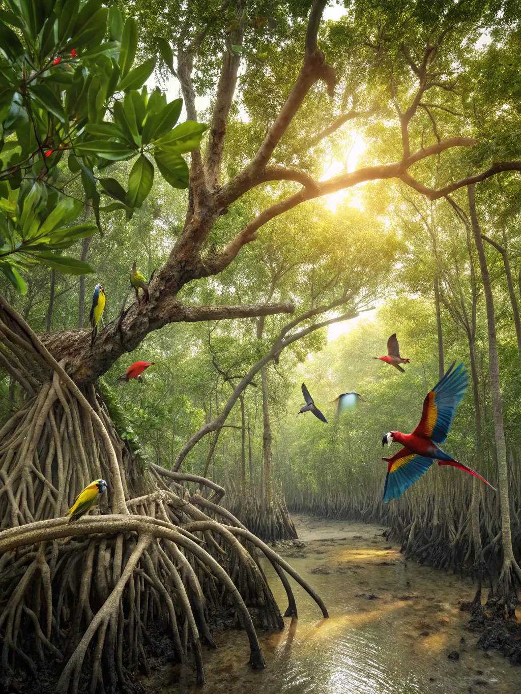 A scenic view of a protected natural habitat, showcasing diverse flora and fauna thriving in their environment.