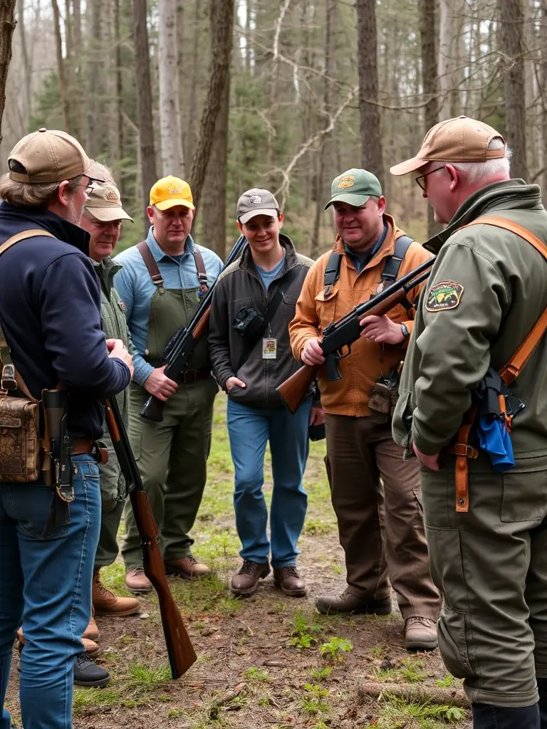 A photograph depicting a group of hunters participating in a supervised hunting activity in the Riom-ès-Montagnes area, emphasizing safety and responsible hunting practices.