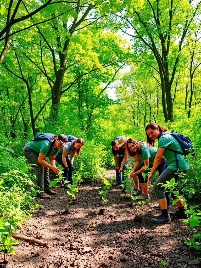 A photo of association members participating in a habitat restoration project, planting trees and clearing invasive species to improve the local ecosystem.